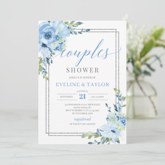 Rustiek blauw bloemenzilver lijst koppels douche kaart (Staand voorkant)