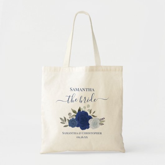 Rustiek Blauw Boho Rozen Elegante Bruid Trouwen Tote Bag (Voorkant)