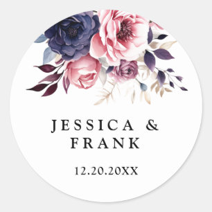 Rustiek blauw bordeaux & paarse bloemenbruiloft ronde sticker