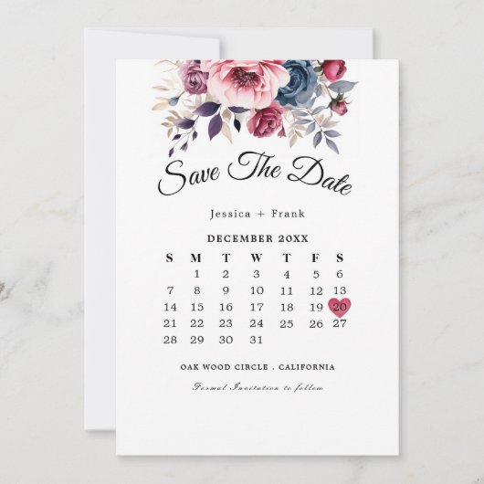 Rustiek blauw bordeaux & paarse bloemenbruiloft save the date (Voorkant)