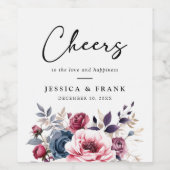 Rustiek blauw bordeaux & paarse bloemenbruiloft wijn etiket (Enkel label)