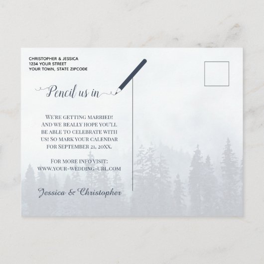 Rustiek Blauw Bos Bruiloft Save the Date Foto Aankondigingskaart (Achterkant)