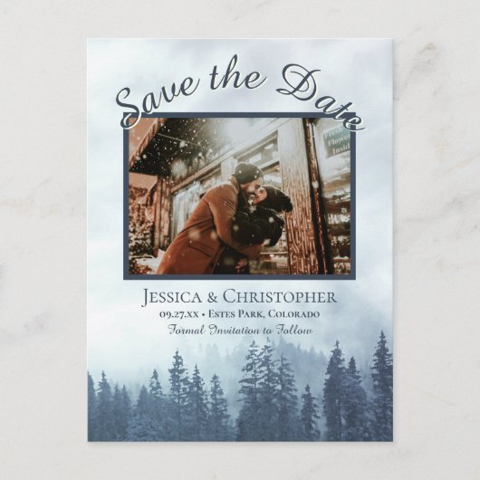 Rustiek Blauw Bos Bruiloft Save the Date Foto Aankondigingskaart (Voorkant)