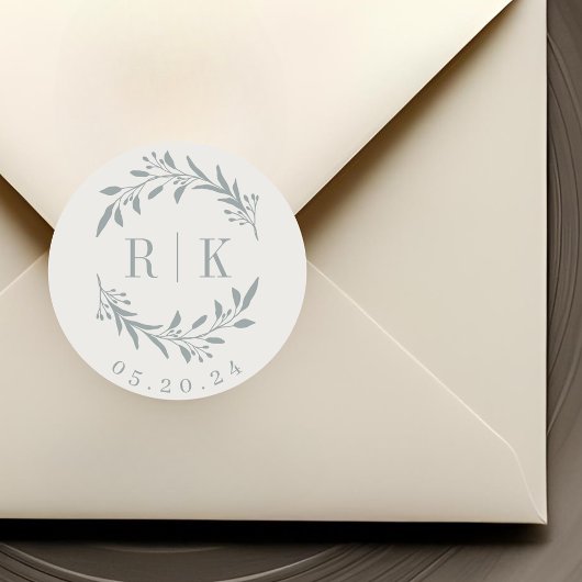 Rustiek Blauw Botanische Krans Trouwmonogram Ronde Sticker