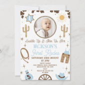 Rustiek Blauw Bruin Jongens Eerste Rodeo 1e Verjaa Kaart (Voorkant)