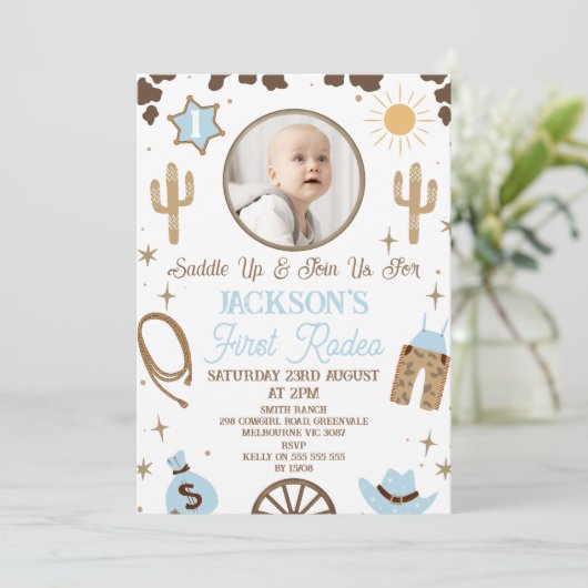Rustiek Blauw Bruin Jongens Eerste Rodeo 1e Verjaa Kaart (Staand voorkant)