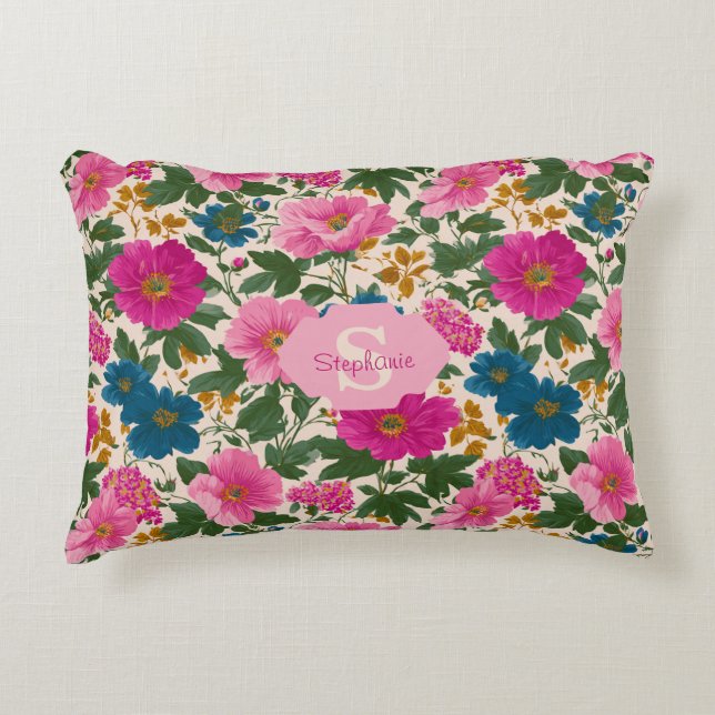 Rustiek  Blauw en Roze Bloempatroon Accent Kussen (Voorkant)