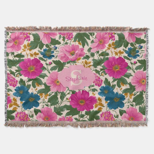 Rustiek Blauw en Roze Bloempatroon Deken (Voorkant)