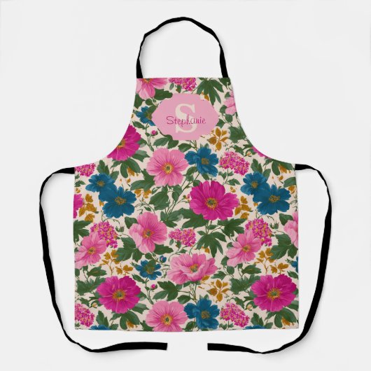 Rustiek Blauw en Roze Bloempatroon Schort (Voorkant)
