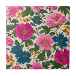 Rustiek  Blauw en Roze Bloempatroon Tegeltje