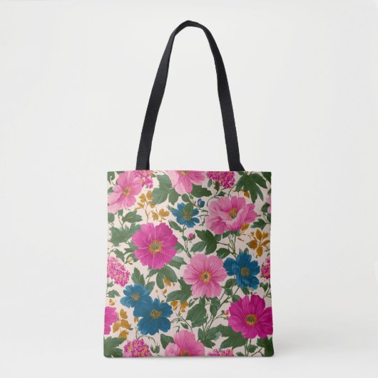 Rustiek Blauw en Roze Bloempatroon Tote Bag (Voorkant)