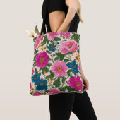 Rustiek Blauw en Roze Bloempatroon Tote Bag (Dichtbij)
