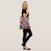Rustiek Blauw en Roze Bloempatroon Tote Bag (Op model)