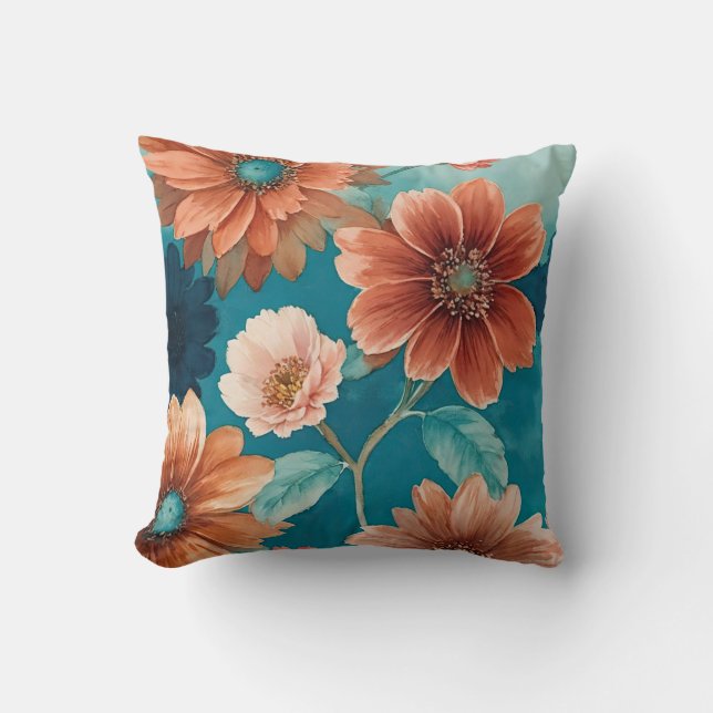 Rustiek Blauw en Rust Boho bloemen Kussen (Voorkant)