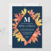 Rustiek blauw en Sinaasappel Fall Leaves Wedding Kaart (Voorkant)