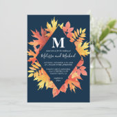 Rustiek blauw en Sinaasappel Fall Leaves Wedding Kaart (Staand voorkant)