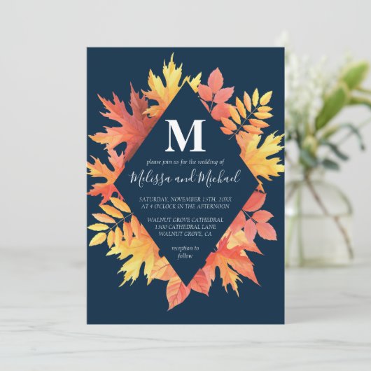 Rustiek blauw en Sinaasappel Fall Leaves Wedding Kaart (Staand voorkant)