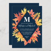 Rustiek blauw en Sinaasappel Fall Leaves Wedding Kaart (Voorkant / Achterkant)