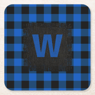 Rustiek blauw en zwart Buffalo Plaid Monogram Kartonnen Onderzetters