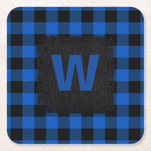 Rustiek blauw en zwart Buffalo Plaid Monogram Kartonnen Onderzetters (Voorkant)