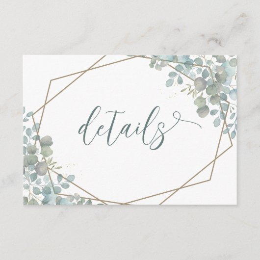 Rustiek Blauw Eucalyptus Goud Lijst Bruiloft Detai Informatiekaartje (Voorkant)