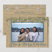 Rustiek Blauw Familie Foto Vrolijk Kerstmis Feestdagenkaart (Voorkant / Achterkant)