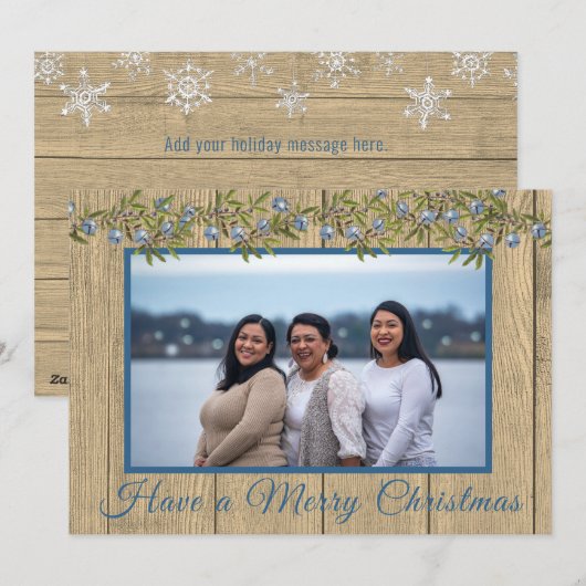 Rustiek Blauw Familie Foto Vrolijk Kerstmis Feestdagenkaart (Voorkant / Achterkant)
