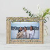 Rustiek Blauw Familie Foto Vrolijk Kerstmis Feestdagenkaart (Staand voorkant)