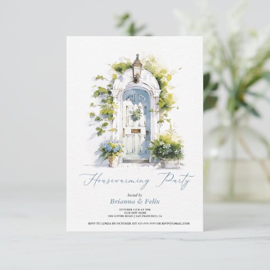 Rustiek blauw follage Green Housewarming Party Kaart (Staand voorkant)