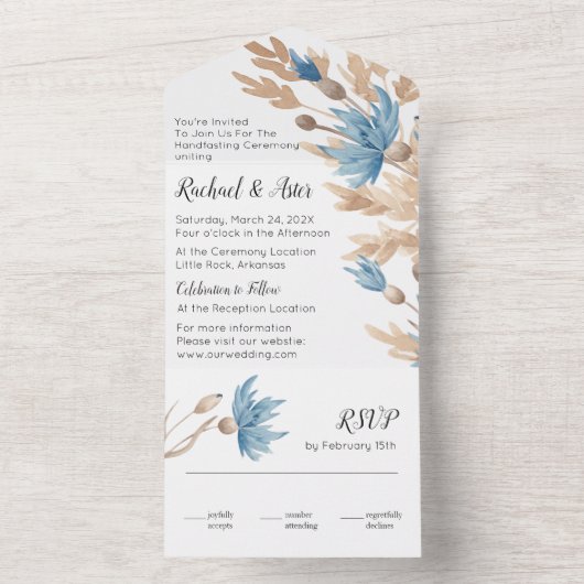 Rustiek Blauw Gedroogde Bloemen Handfasting Weddin All In One Uitnodiging (Binnen)