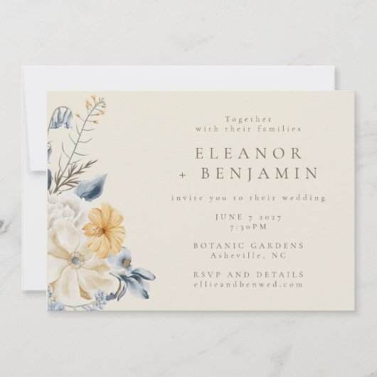 Rustiek Blauw Geel Bloemen Waterverf RSVP Bruiloft Kaart (Voorkant)