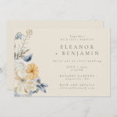 Rustiek Blauw Geel Bloemen Waterverf RSVP Bruiloft Kaart (Voorkant / Achterkant)