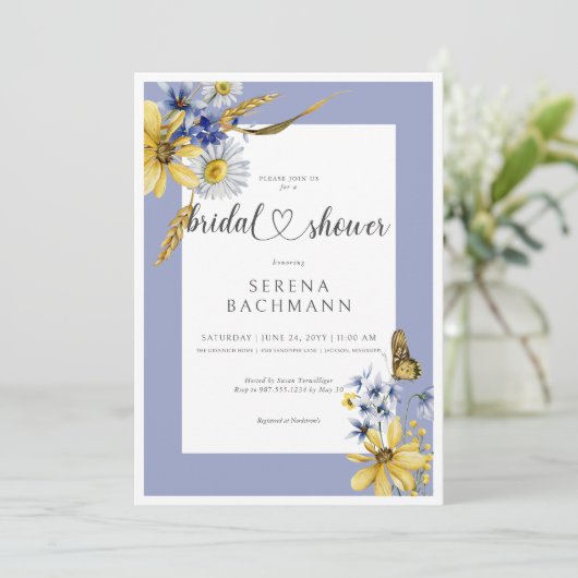 Rustiek blauw & geel Wildflower Vrijgezellenfeest Kaart (Staand voorkant)