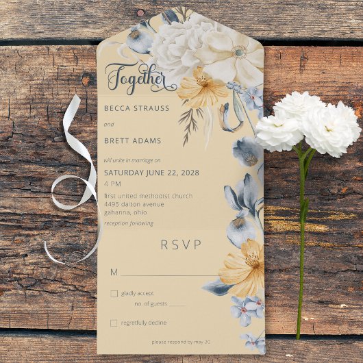 Rustiek Blauw Geel & Wit Bloemen Geel Geen Diner All In One Uitnodiging