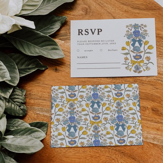Rustiek Blauw Gele Bogen En Bloemen Trouwen RSVP Kaartje