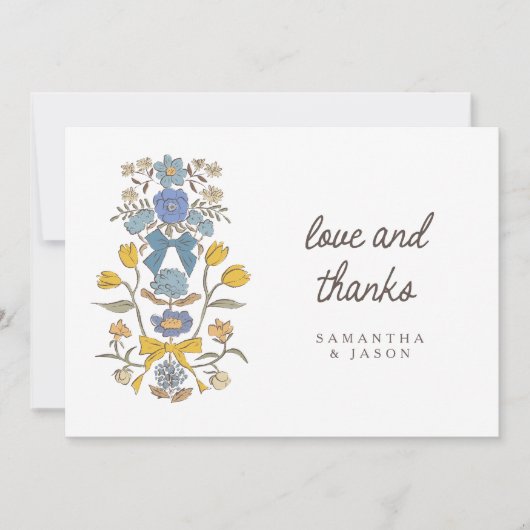Rustiek Blauw Gele Bow & Bloesem Huwelijk Bedankkaart (Voorkant)