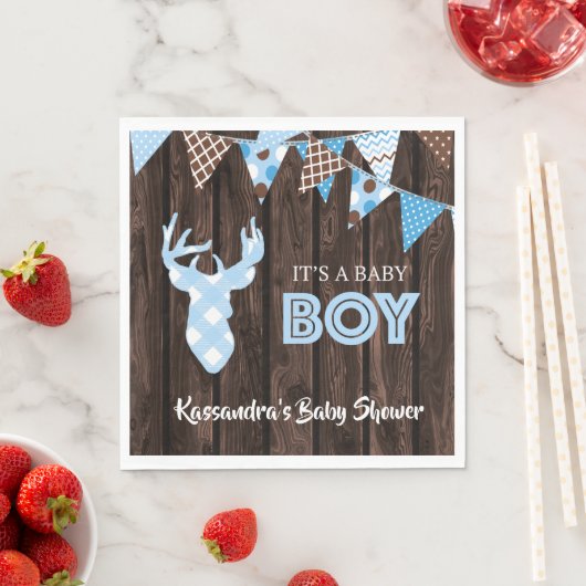 Rustiek blauw geruite herten Baby shower lunchserv Servet (Insitu)