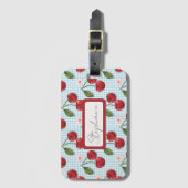 Rustiek blauw gingham en kersen monogram bagagelabel (Voorkant (verticaal))