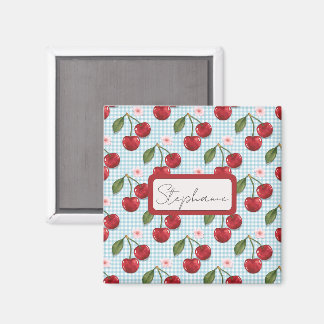 Rustiek blauw gingham en kersen monogram magneet