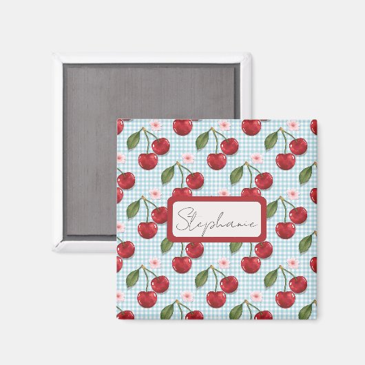 Rustiek blauw gingham en kersen monogram magneet (Voorkant / Achterkant)