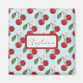 Rustiek blauw gingham en kersen monogram magneet (Voorkant)