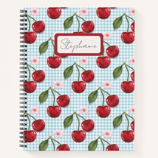Rustiek blauw gingham en kersen monogram notitieboek (Voorkant)