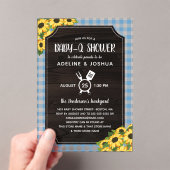 Rustiek Blauw Gingham Zonnebloemen Jongen Baby-Q D Acryl Uitnodigingen (Insitu (Draagbaar))