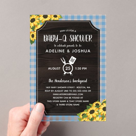 Rustiek Blauw Gingham Zonnebloemen Jongen Baby-Q D Acryl Uitnodigingen (Insitu (Draagbaar))
