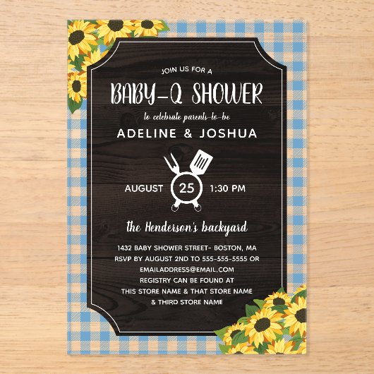Rustiek Blauw Gingham Zonnebloemen Jongen Baby-Q D Acryl Uitnodigingen (Voorkant)