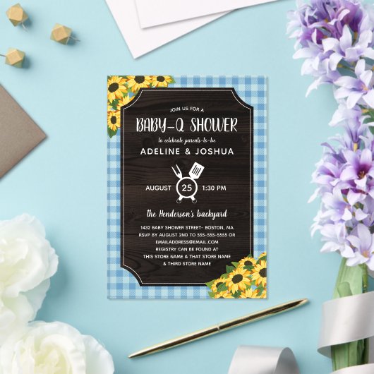 Rustiek Blauw Gingham Zonnebloemen Jongen Baby-Q D Acryl Uitnodigingen (Insitu (Huwelijk))