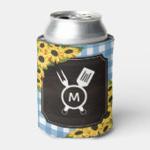 Rustiek Blauw Gingham Zonnebloemen Monogram Blikjeskoeler (Blikje Voorkant)