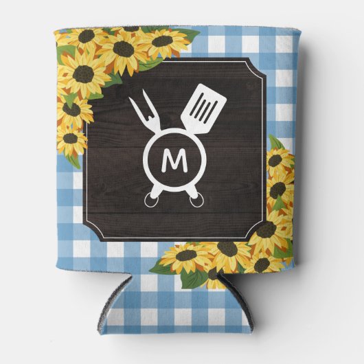 Rustiek Blauw Gingham Zonnebloemen Monogram Blikjeskoeler (Voorkant)