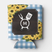 Rustiek Blauw Gingham Zonnebloemen Monogram Blikjeskoeler (Achterkant)