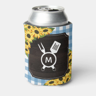 Rustiek Blauw Gingham Zonnebloemen Monogram Blikjeskoeler